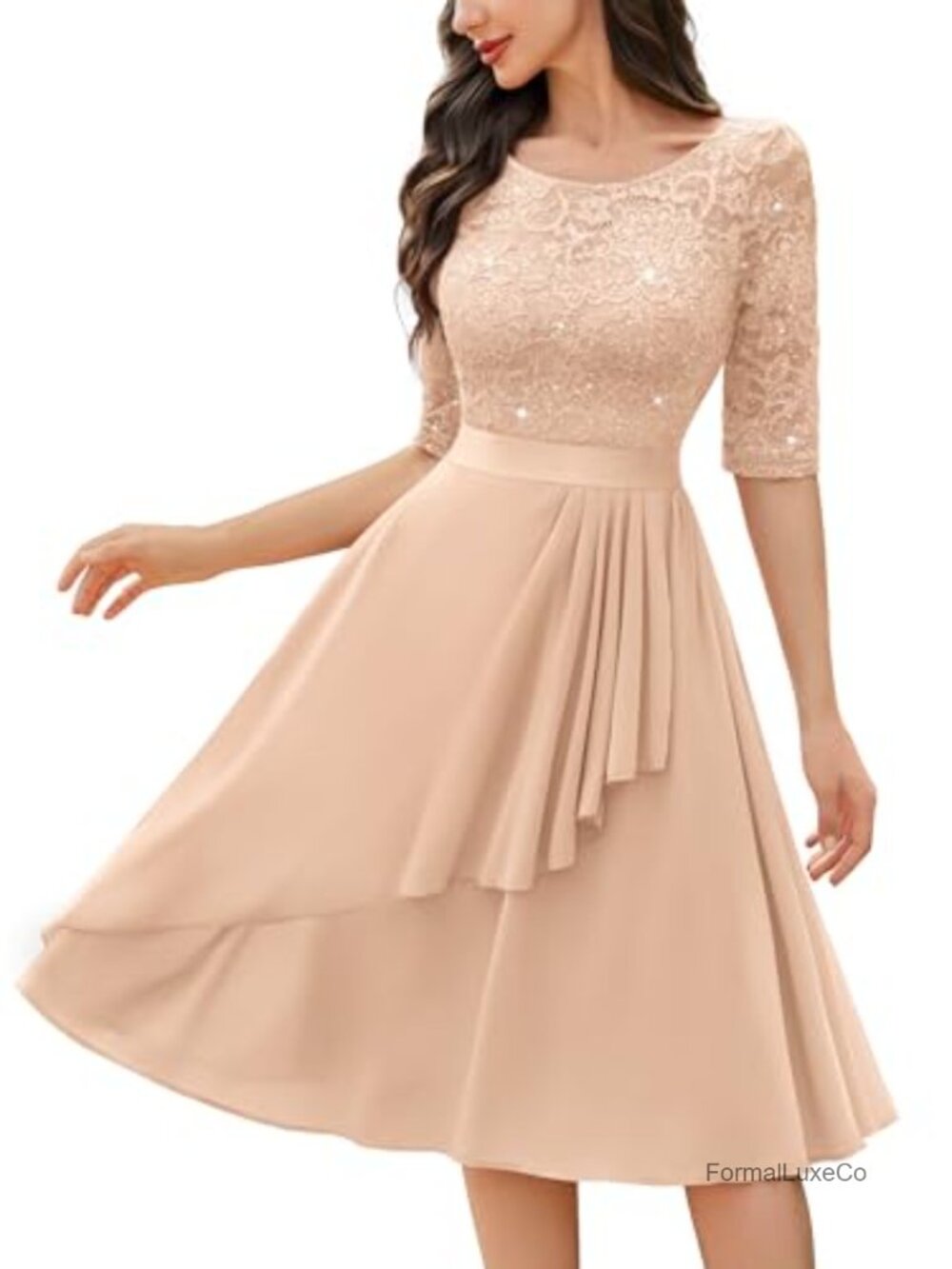 Miusol Scoop Neck Pleated Sequin Lace Half Sleeve A-Line Cocktail Dress